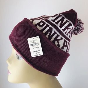 Victoria's Secret PINK Logo Burgundy Pom Pom Beanie Winter Hat - New